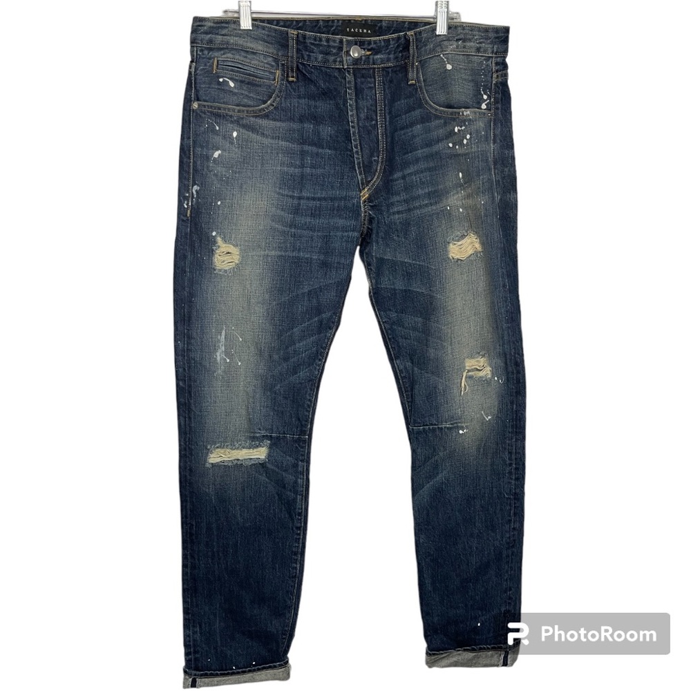 Tackma Men’s Made In USA Distressed Paint Splatter Button Fly Straight Leg Jeans